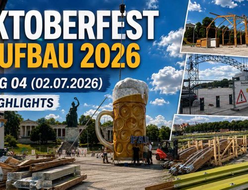 Oktoberfest Aufbau 2026 – Tag 04 – 02.07.2026 – Donnerstag: Kaiserwetter, der fliegende Paulaner-Krug und eine Premiere bei Bodos Cafezelt