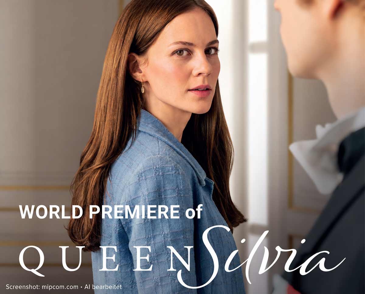 Weltpremiere der Serie "Queen Silvia" am 13.10.2026 auf der Mipcom in Cannes (©Screenshot: mipccom.com, AI bearbeitet)
